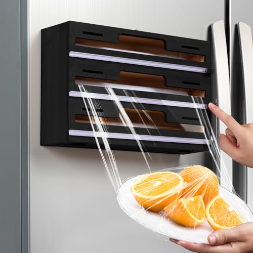 Allinside Black 3-Layer Magnetic Plastic Wrap Dispenser with Cutter for 12.9" Rolls