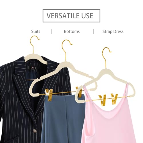 Ivory/Gold Velvet Pants Hangers Pack of 20 - Adjustable Clips, Non-Slip Slim Skirt Hangers