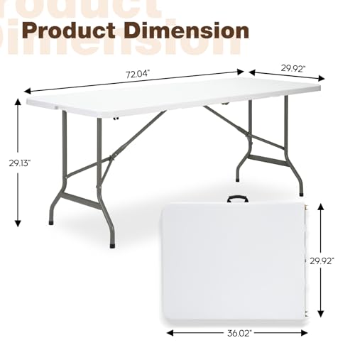 GlowitLian 6ft White Heavy-Duty Folding Picnic Table - 500lbs Capacity, Portable Indoor & Outdoor Event Table