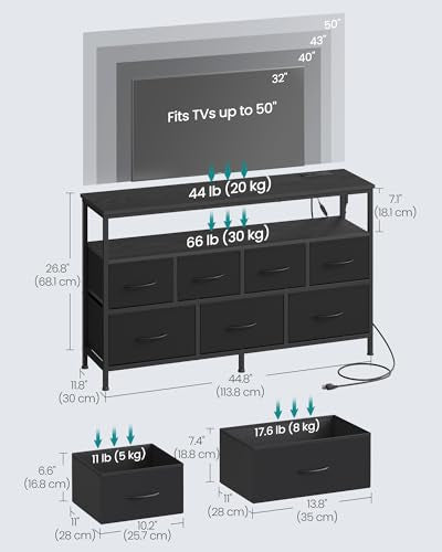 SONGMICS Dresser with App-Controlled LED Lights, 7 Fabric Drawers, Ink Black, 44.8W x 11.8D x 26.8H