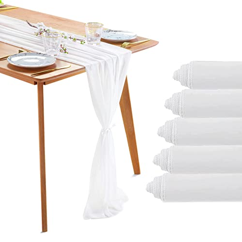 B-COOL 5 Pack 10Ft White Chiffon Table Runners for Weddings & Parties, 27x120 Inches