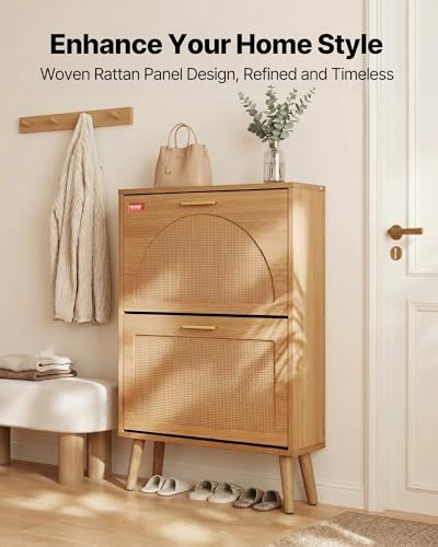 VEVOR Shoe Cabinet with 2 Flip Drawers, Rattan Doors, 6.61"D x 23.62"W x 34.53"H, Small Space Entryway Storage