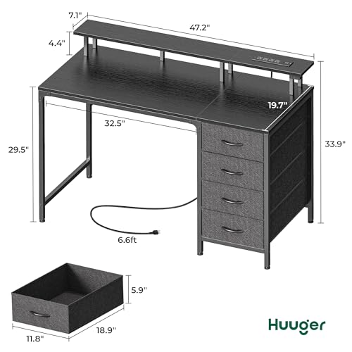 47 Inch Computer Desk with LED Lights & Power Outlets - Black, Reversible Drawers, Monitor Stand, Gaming & Office Use