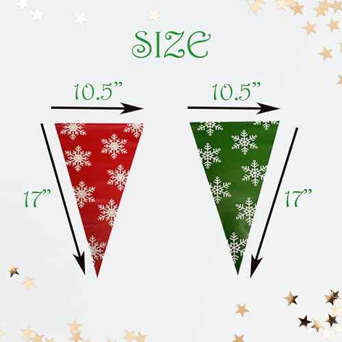 100FT Christmas Plastic Flags, Holiday Pennant Banner, Green and Red Garland with White Snowflakes, Xmas Decoration Triangle Flags, Winter Decoration Bunting Banner, by Bashout