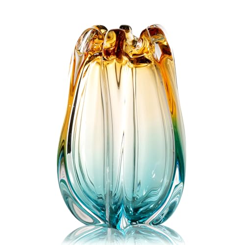 Modern Hand Blown Glass Flower Vase - Unique Art Deco Home Decor, 9.45 Inches