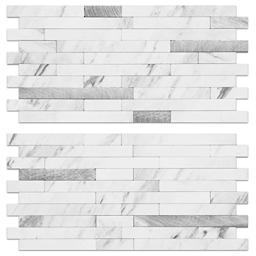 Faux Stone Peel and Stick Backsplash Tiles - White Marble Look, 20 Sheets with Silver Metal Accents, 11.7x5.9in, Easy DIY Wall Covering