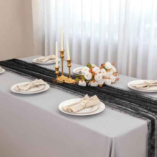 Snowkingdom Black Table Runner, 10FT Sheer Tulle Gauze Metallic Mesh Foil Table Decoration for Halloween, Thanksgiving, Party, and Christmas, Bridal, Baby Shower
