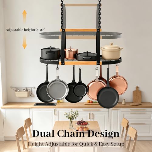 39-Inch Heavy Duty Ceiling Mount Pot Rack with 20 Hooks - Rustic Black & Wood