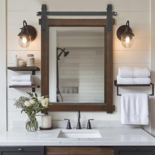 Besdomus Rustic Barn Door Bathroom Mirror 22x30 inch, Dark Brown, Ready to Hang