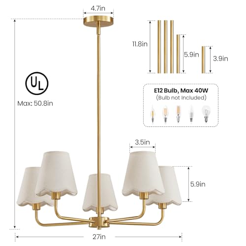 KAISITE Gold 5-Light Farmhouse Chandelier for Dining Room & Kitchen - Modern Ceiling Fixture