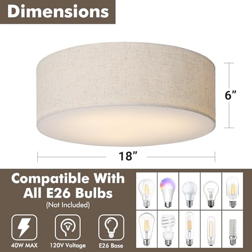 Calokes 18-Inch Large Flush Mount Ceiling Light Fixture with Fabric Shade - Beige, Modern Drum Design for Living Room, Bedroom, Kitchen