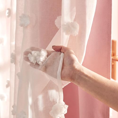 Pink Pom Pom Curtains for Girls Bedroom Nursery Room Darkening 52"W x 84"L - Pack of 2