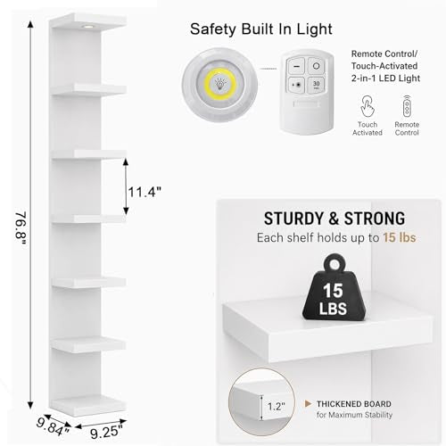 LitaEther 7-Tier White Wall Shelf with LED Remote Control Light - Floating Storage & Display Shelf