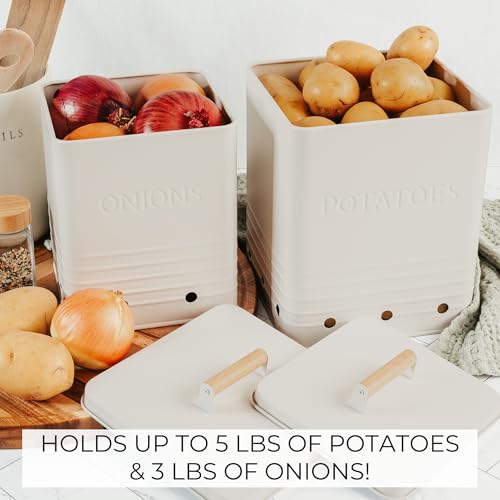 Cream Metal Potato and Onion Storage Container Set - Food Safe Kitchen Bins