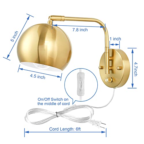 VATONI 2 Pack Gold Dimmable Wall Sconces with Plug-in Cord & Knob Switch, Swing Arm, Globe Lights for Bedroom Hallway