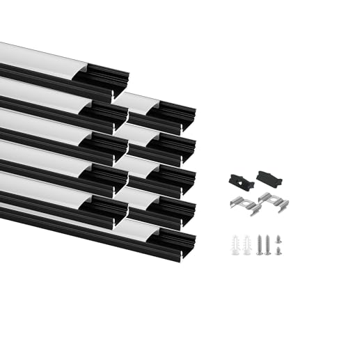 Besseto Black Aluminum LED Channel Kit 10 Pack for 12mm LED Strips 2m Each