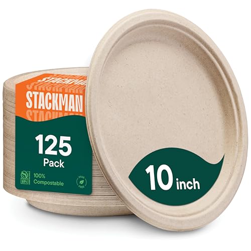 10 Inch Compostable Heavy Duty Paper Plates - 125 Pack, Eco-Friendly & Biodegradable, PFAS-Free, Microwave Safe - Stack Man