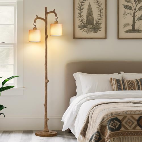 Brown Farmhouse Floor Lamp with 2 Reading Lights - Rustic Tree Trunk Style - 69 Inch Standing Lamp for Living Room & Bedroom