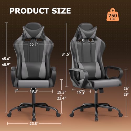 Ergonomic Gaming Chair for Adults - Gray PU Leather, High Back, Rocking, Lumbar Support, Swivel, Easy Assembly - Style1
