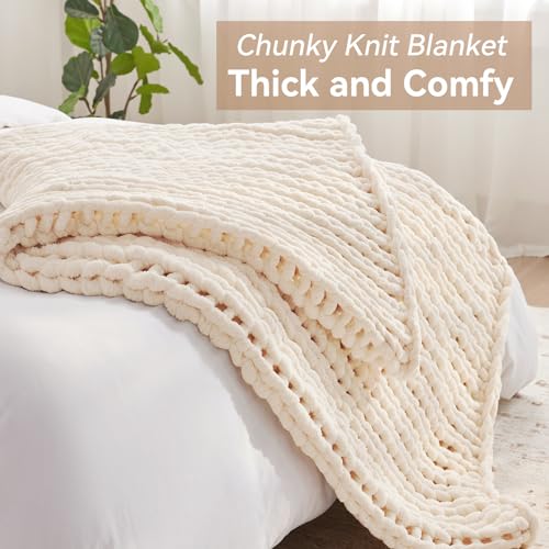 Cream White Chunky Knit Throw Blanket 50x60 Inches - Soft Chenille Wool