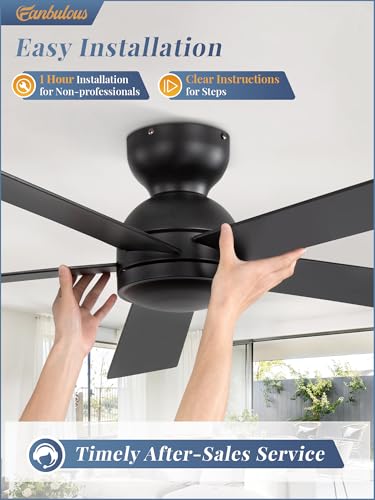 48 Inch Black Ceiling Fan No Light with Remote - Flush Mount, 6-Speed