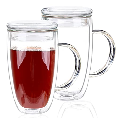 Fornzii 15 Oz Double Walled Glass Coffee Mugs with Glass Lids - Set of 2
