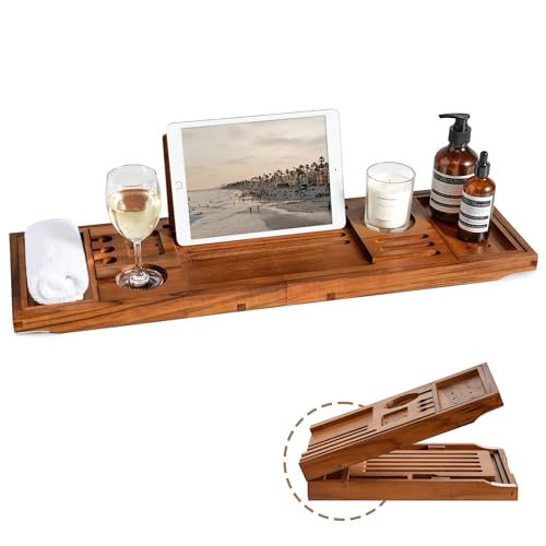 Realgulf Adjustable Teak Bathtub Tray - Natural Wood Bath Organizer Caddy