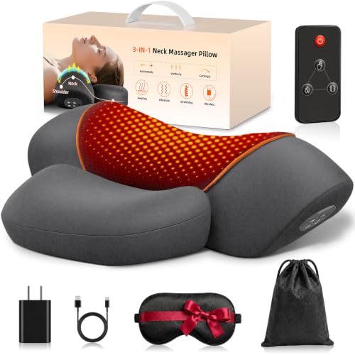 Grey 3-in-1 Cordless Neck Massager Pillow with Heat, Vibration & Remote