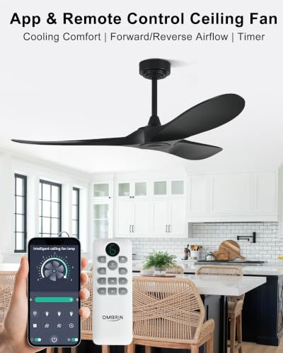 Ombrin 52-Inch Black Ceiling Fan with Remote & App Control, Reversible DC Motor for Indoor & Outdoor Use