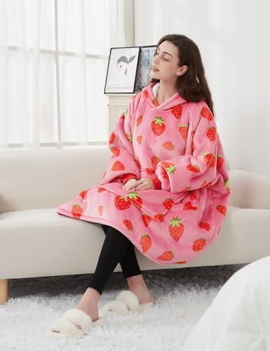 KFUBUO Wearable Blanket Hoodie for Adults with Pocket & Strawberry Print - Printing Strawberry Variant