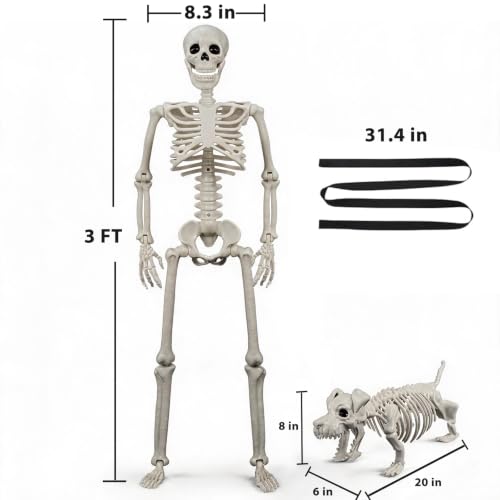 3 FT Human & Dog Skeleton Halloween Decorations Outdoor Indoor Set - Spooky Yard Props
