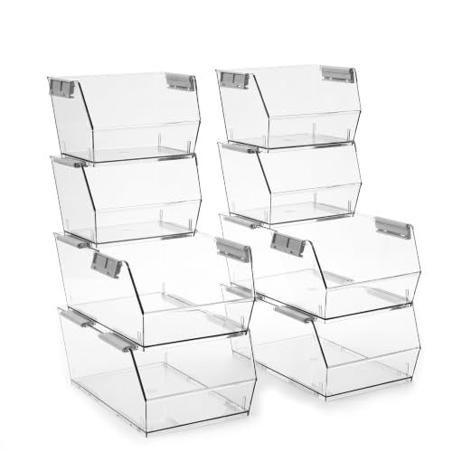 HOMESTEAD 8-Piece Stackable Plastic Storage Bins Set - Large & Small Pantry Organizers