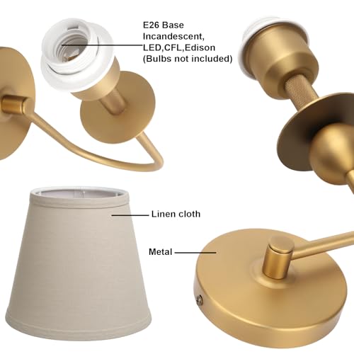 Set of 2 Brass Linen Fabric Shade Wall Sconces - Antique Industrial Style