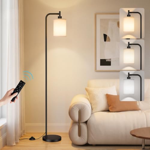 64-Inch Dimmable Floor Lamp with Remote & Foot Switch - Beige Shade, Black Pole, 9W LED Included - Beige-Black