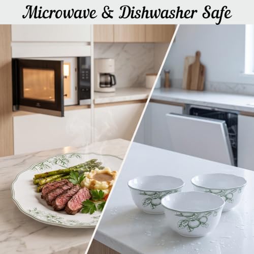 12-Piece Porcelain Dinnerware Set for 4 with Floral Design - White & Green, Chip-Resistant, Microwave & Dishwasher Safe