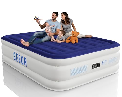 Blue Queen Air Mattress with Built-In Pump, Self-Inflating, Durable, Portable Camping Bed