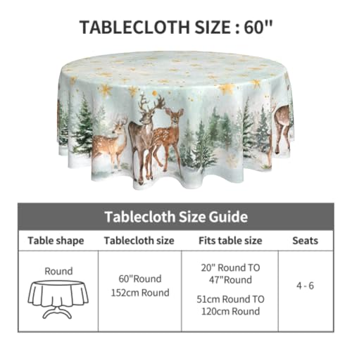 Winter Deer 60 Inch Round Tablecloth - Xmas Trees Snowflake, Water-Resistant, Spill-Proof
