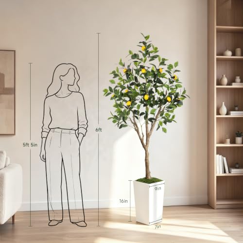6FT Artificial Lemon Tree with White Tall Planter - Realistic Faux Indoor Outdoor Decor