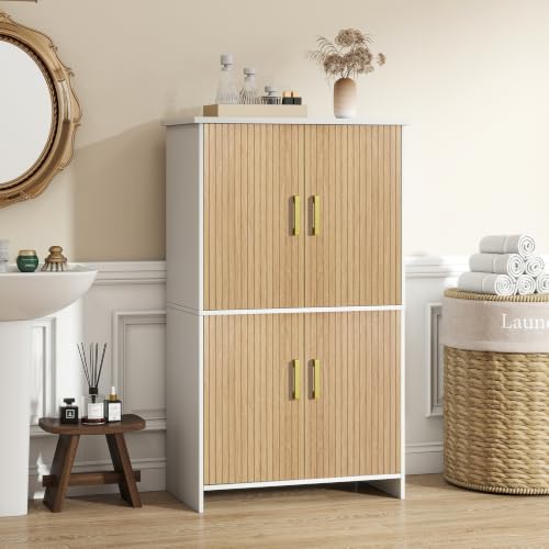 Tltaroni White Bathroom Storage Cabinet - Tall Freestanding with 4 Fluted Doors & Adjustable Shelves, Modern Wooden Design