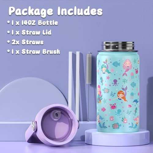 Purple Mermaid Girls Backpack Set with 14oz Leak-Proof Water Bottle & Lunch Bag - 4 Pieces