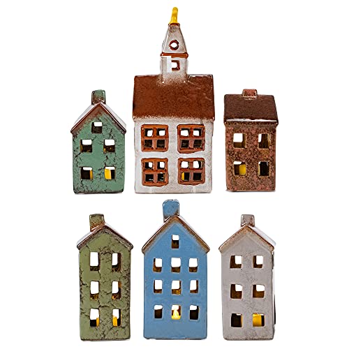 Mark Feldstein LED Village Houses & Church Figurines, 12 Pieces - Ceramic Lighted Decor Set