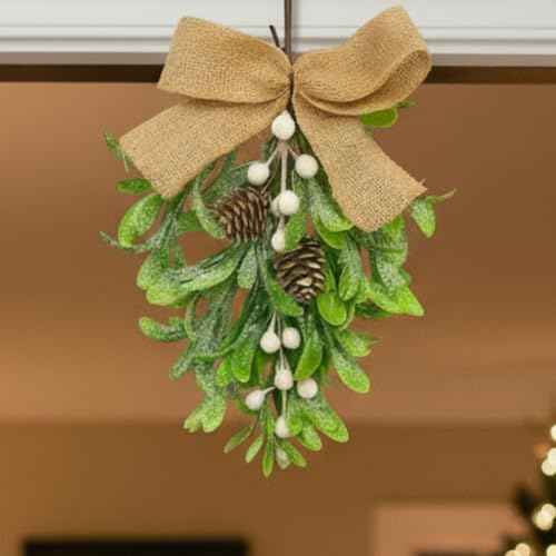 12 '' Large Christmas Mistletoe Decor Xmas Holiday Artificial Mistletoe Giant Kissing Hanging Bouquet Christmas Ornament with Sprigs Red White Berries for Xmas Floral Garland (1 Pcs,White)