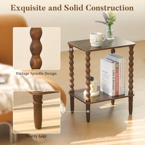Rustic Brown Side Table Set of 2 with 2-Tier Shelves - Small End Tables