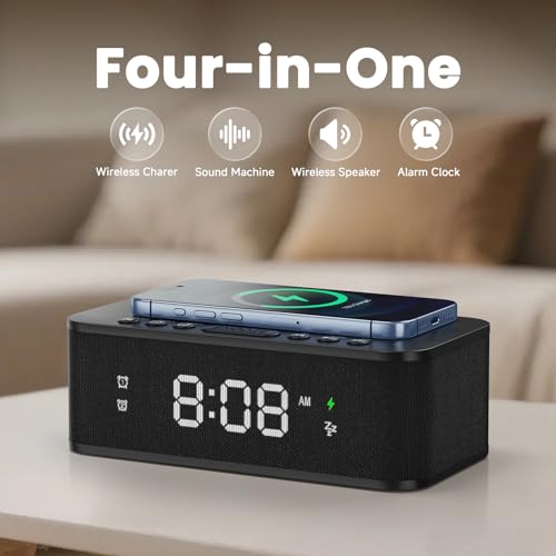 Fansbe Digital Alarm Clock with White Noise & Wireless Charging - Black