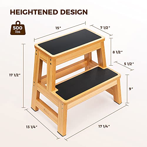 StrongTek Wooden 2 Step Stool for Adults, 17.5 Inch, 500lb Capacity, Non-Slip