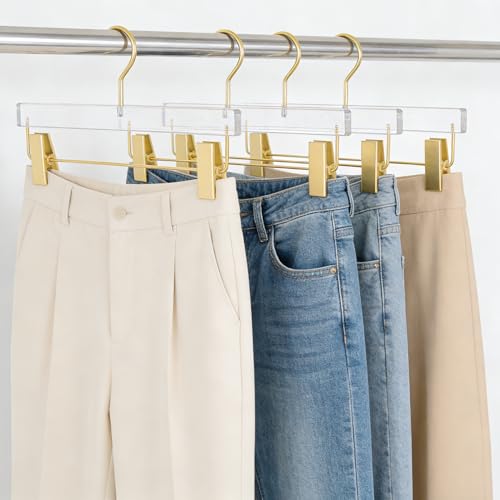 20 Pcs Clear Acrylic Hangers with Gold Clips for Clothes Closet Storage - Luxurious Skirt & Pants Hangers