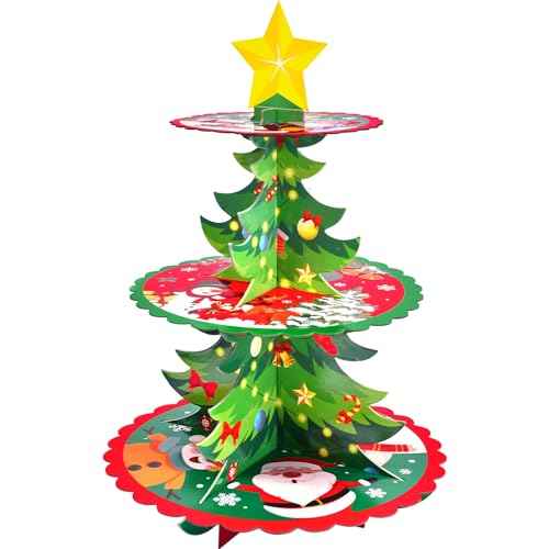 3-Tier Christmas Tree Cupcake Stand ? Santa and Snowman Dessert Display Holder for Holiday Party Table, Winter Celebrations, and Christmas Decorations