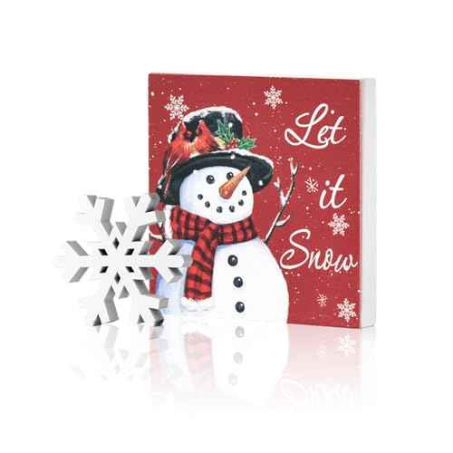 Smile Christmas Indoor Decor, Set of 2 Let it Snow Snowflake Snowman Square Sign for Desk Table Shelf Office Farm Decoration Kitchen 5 x 5 Inches.