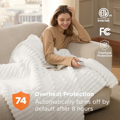 Bedsure White Striped Heated Blanket Electric Throw - Fast Heating, 6 Heat Settings, 6 Timer, 50x60 Inches, Auto Off, Giftable