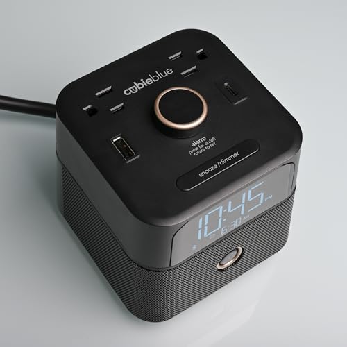 Black CubieBlue Alarm Clock Charger with Bluetooth Speaker, 2 USB & Tamper-Resistant Sockets